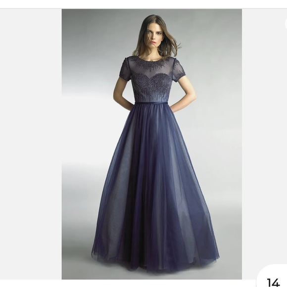 Basix Black Label Embellished Tulle Cap-Sleeve Black Ball Gown - Picture 9 of 10